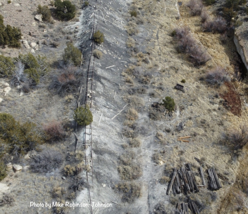 Overhead view of the railbed leading from the tipple to the mine 