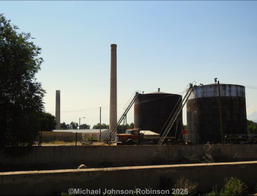 View of the two remaining stilling tanks (front right)  Wedding Tower (Middle)  and Boiler House Tower (back left) 